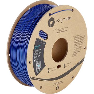 Modrá cívka s PETG filamentem značky Polymaker, určená pro 3D tiskárny. Na papírové krabici jsou vytištěny detaily a kontaktní údaje.
