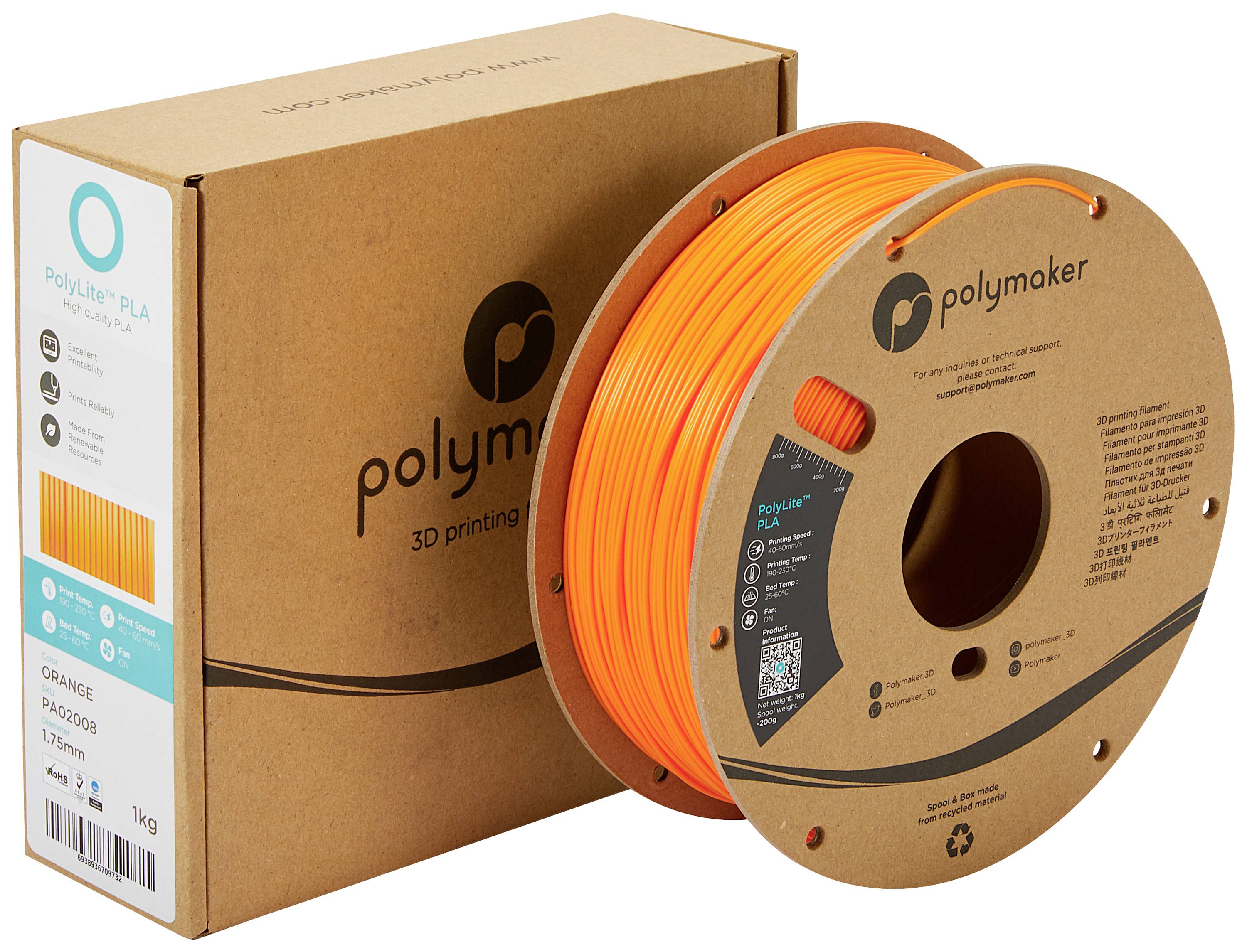 Cívka s oranžovým 3D tiskařským filamentem značky Polymaker vedle příslušného obalu.