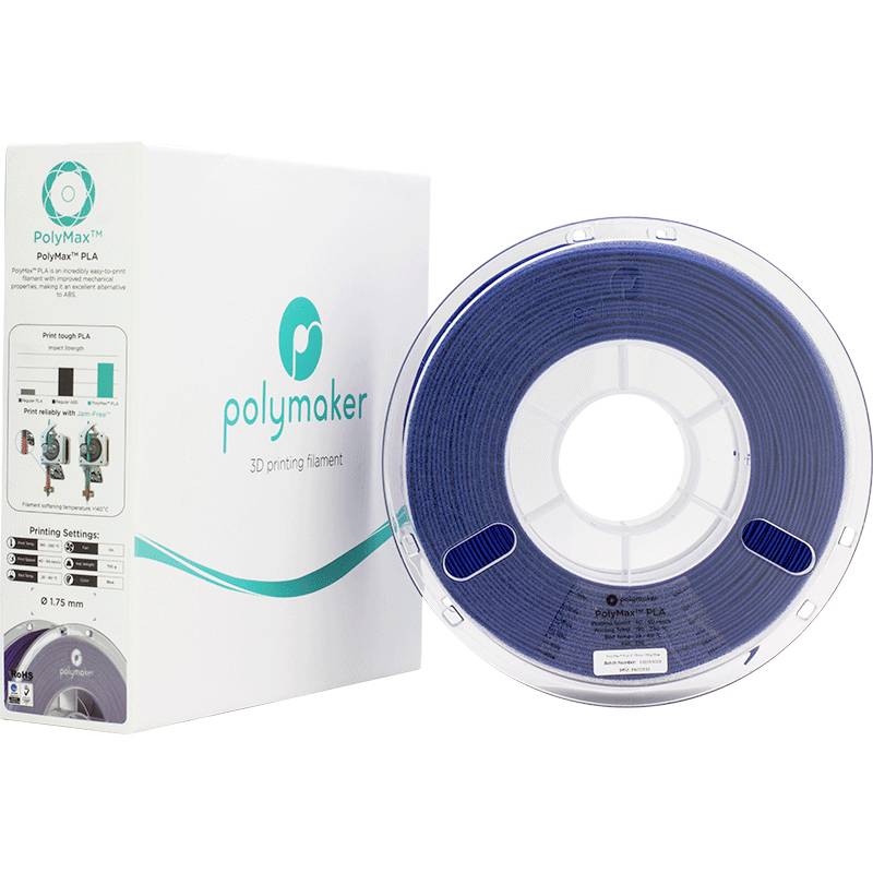 Cívka modrého 3D tiskového filamentu od společnosti Polymaker vedle obalu s viditelnými specifikacemi a nastavením tisku.