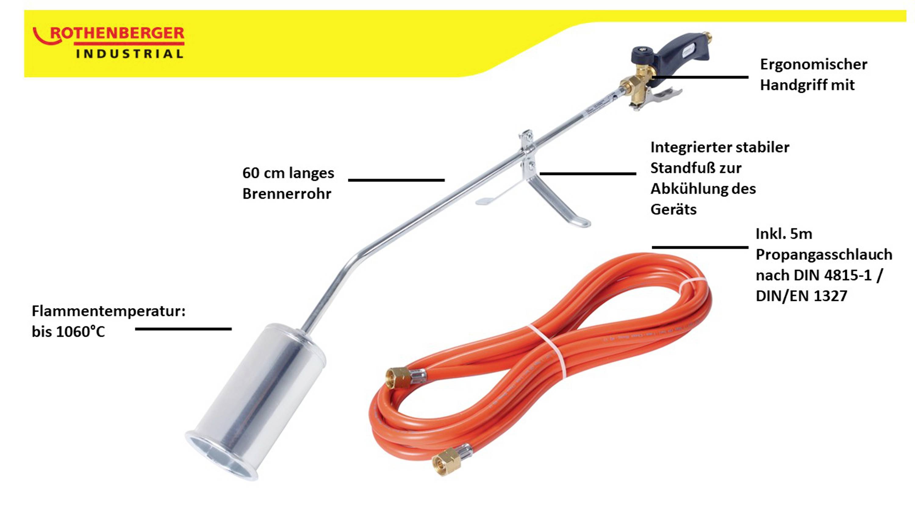 Hořák s ergonomickou rukojetí, stabilní základnou a 5m plynovým propanovým hadicovým vedením. Teplota plamene až 1060°C.