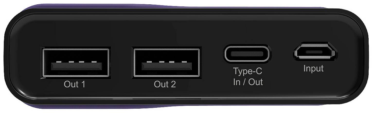 Powerbanka s připojovací lištou se dvěma USB výstupy, jedním USB-C konektorem a vstupním konektorem.