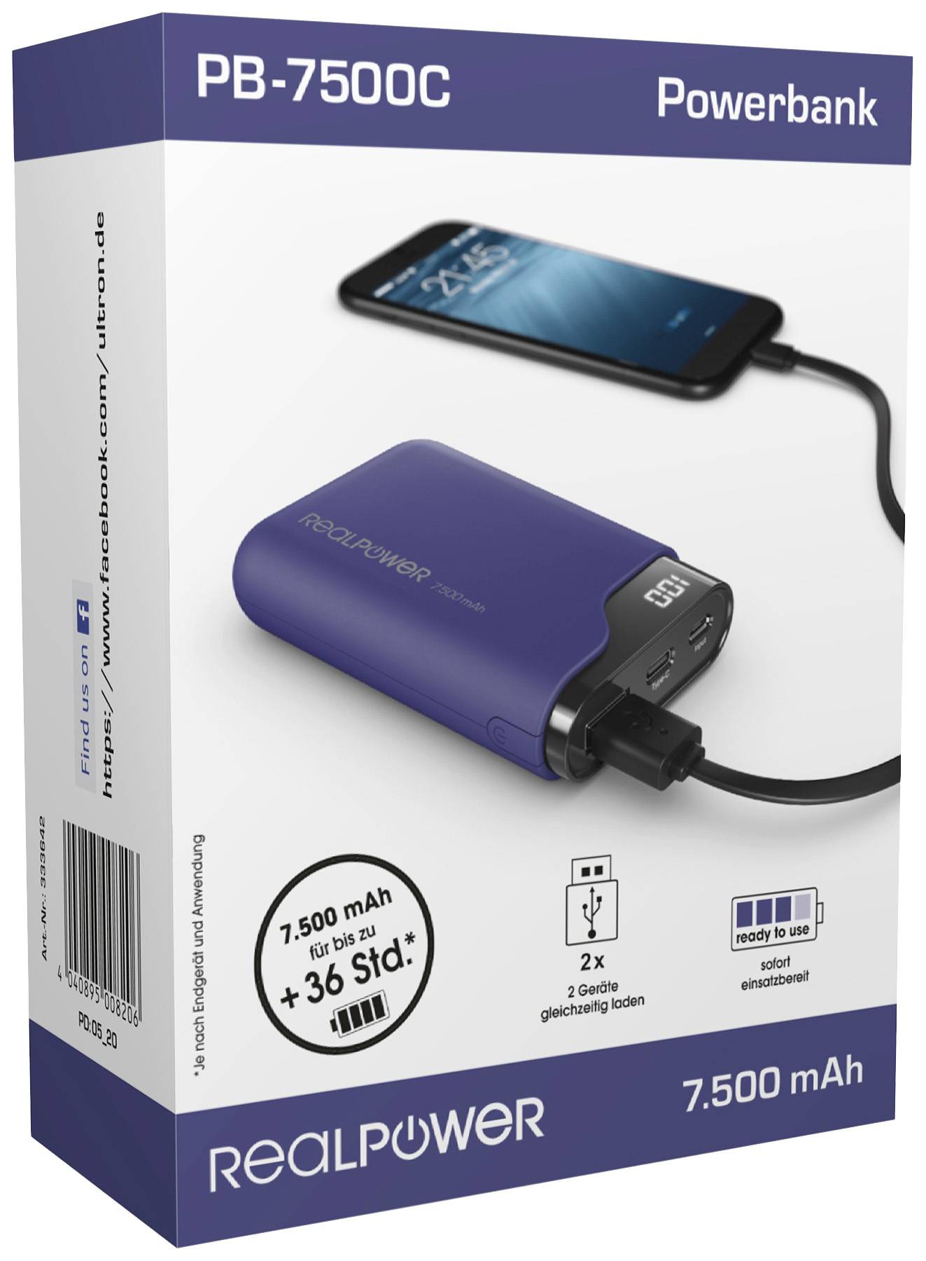 Powerbanka 'PB-7500C' od RealPower. Zobrazuje powerbanku propojenou se smartphonem, kapacita 7500 mAh, umožňuje současné nabíjení dvou zařízení.