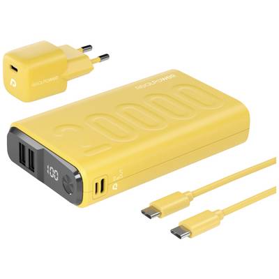 Žlutá powerbanka s kapacitou 20 000 mAh, dvěma USB porty, digitálním indikátorem nabíjení. Včetně USB-C kabelu a nabíječe.