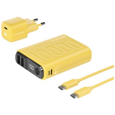 Žlutá powerbanka s LED indikátorem stavu nabití a odpovídající nabíječkou s USB portem, vedle které leží USB-C kabel.