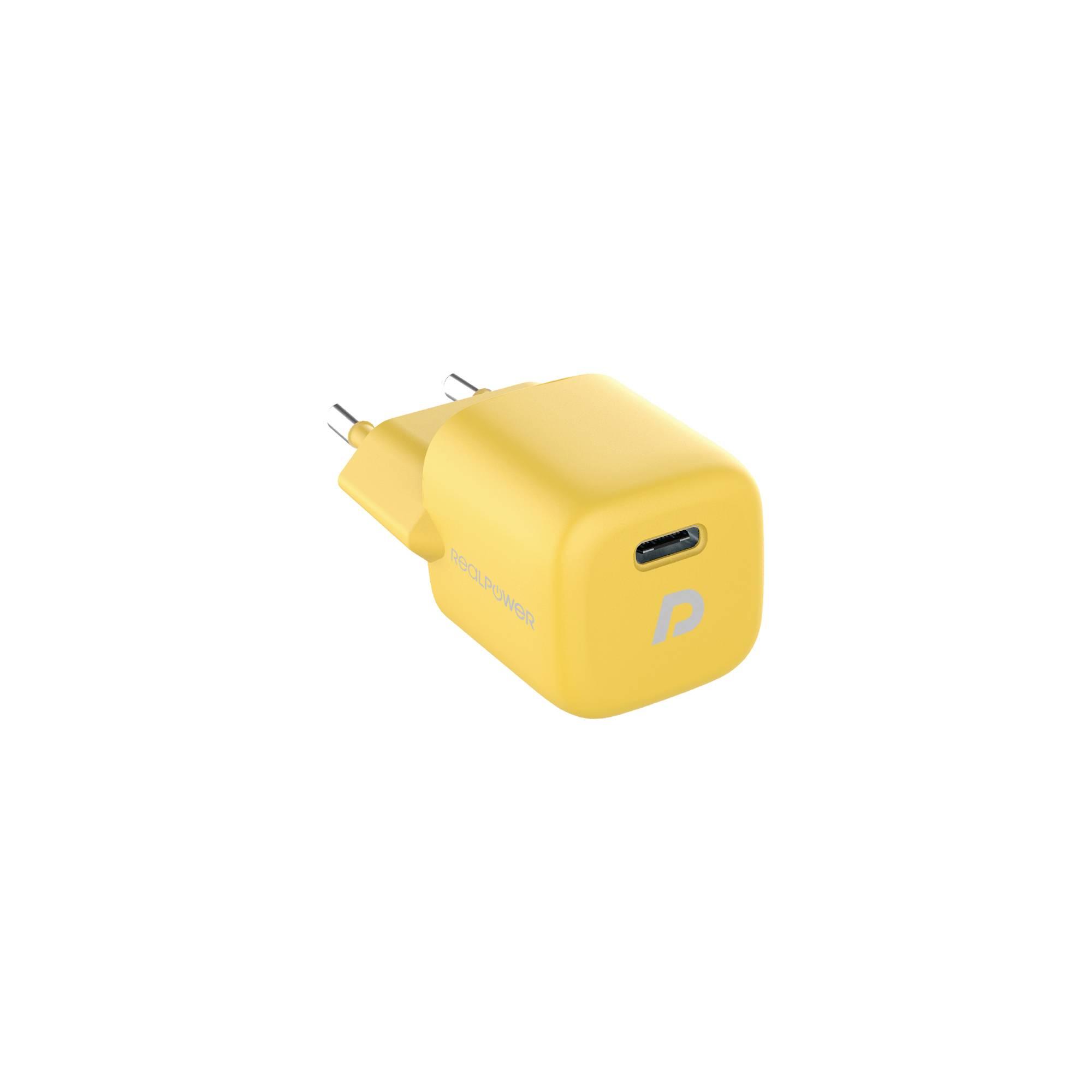 Žluté nabíjecí zařízení s USB-C konektorem. Kompaktní a přenosné, vhodné pro nabíjení různých zařízení.