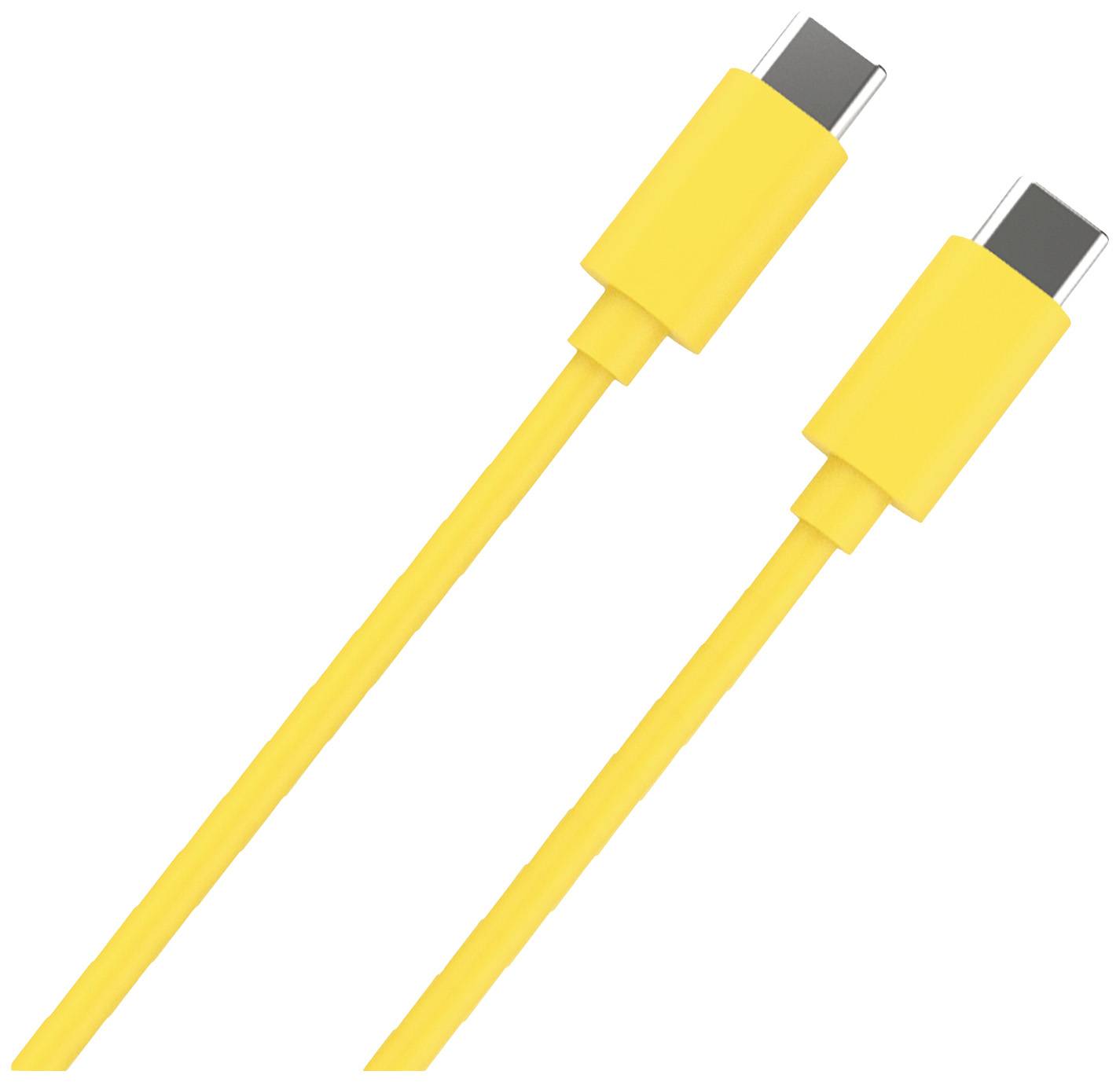 Dvě žluté USB-C kabely vedle sebe, přičemž každý kabel má USB-C konektory na obou koncích.