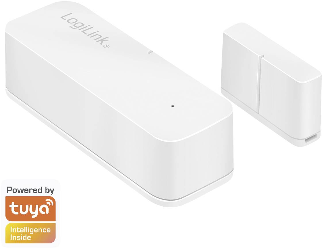 Bezdrátový dveřní nebo okenní senzor od LogiLink, bílý, s logem „Powered by tuya". Používá se k detekci otevírání a zavírání.