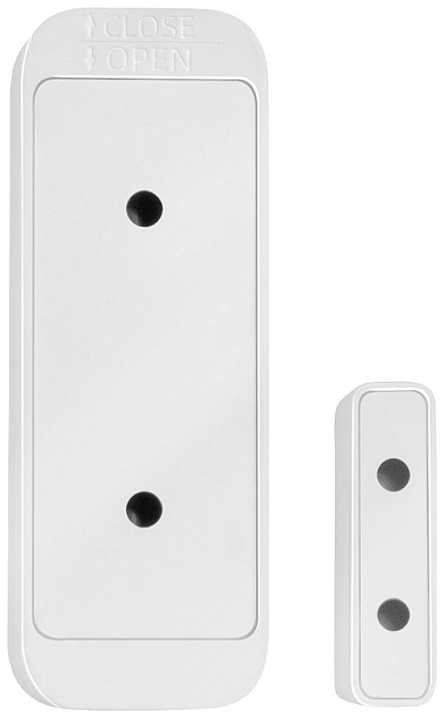Dva bílé, obdélníkové magnetické senzory různých velikostí určené pro monitorování otevírání dveří nebo oken.