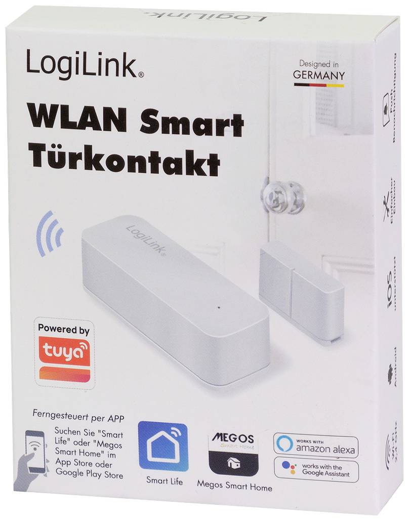 'LogiLink WLAN Chytrý kontakt dveří' produktový obal. Bílé zařízení, kompatibilní s 'tuya', 'Smart Life', 'Megos Smart Home', 'Amazon Alexa'. Vyvinuto v Německu.