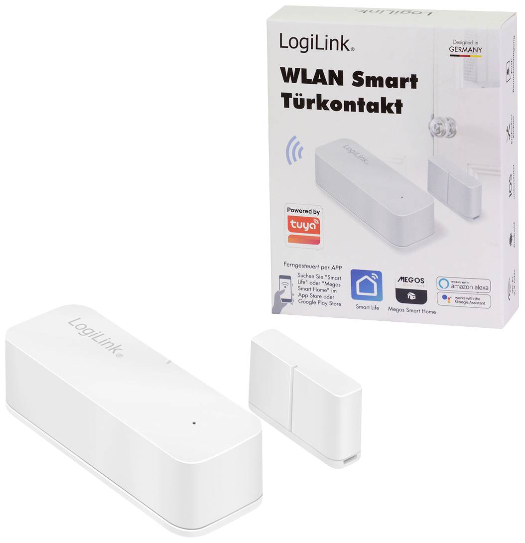 Kontaktní senzor LogiLink WLAN Smart pro dveře v obalu vedle zařízení. Funguje s aplikací, Amazon Alexou a Google Play.