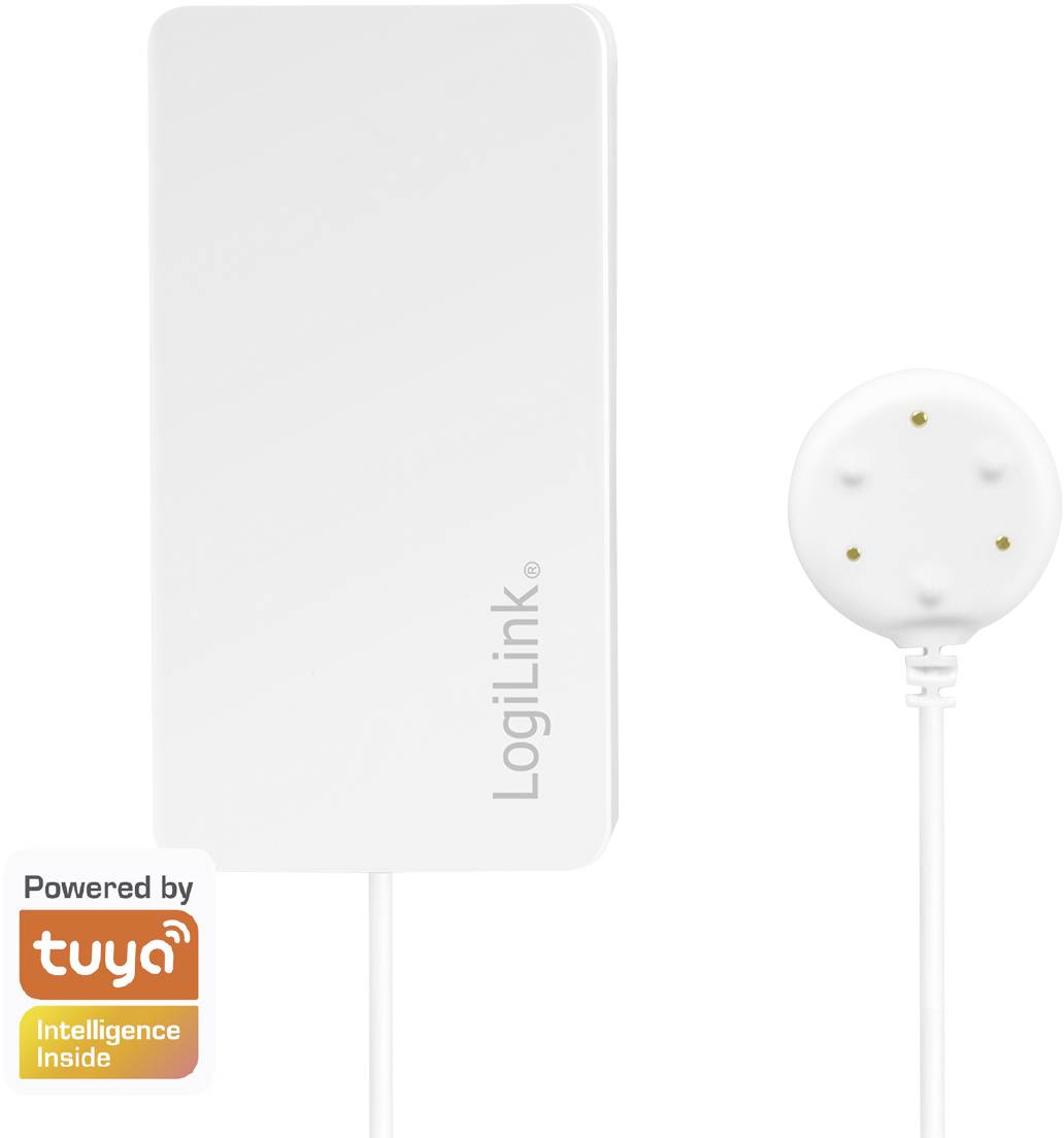 Čidlo LogiLink s obdélníkovým bílým pouzdrem a kulatým připojeným senzorovým pádem. S logem "Powered by Tuya" vlevo dole.