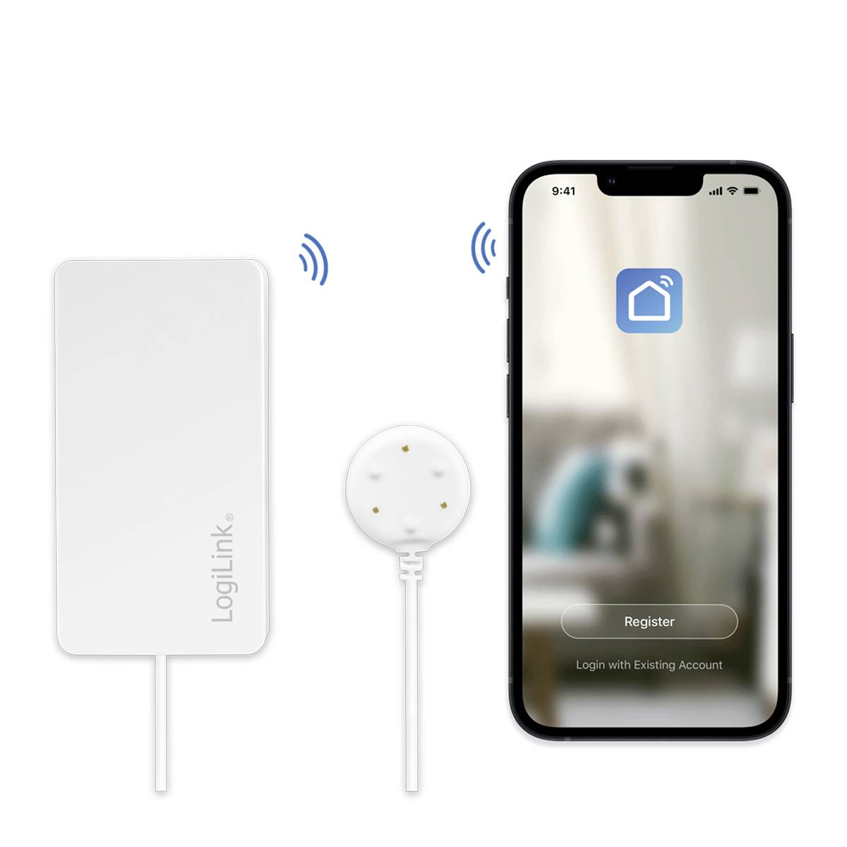 Zařízení vlevo s logem 'LogiLink' vysílá signály do smartphonu vpravo. Na displeji smartphonu je zobrazeno 'Registrace'.