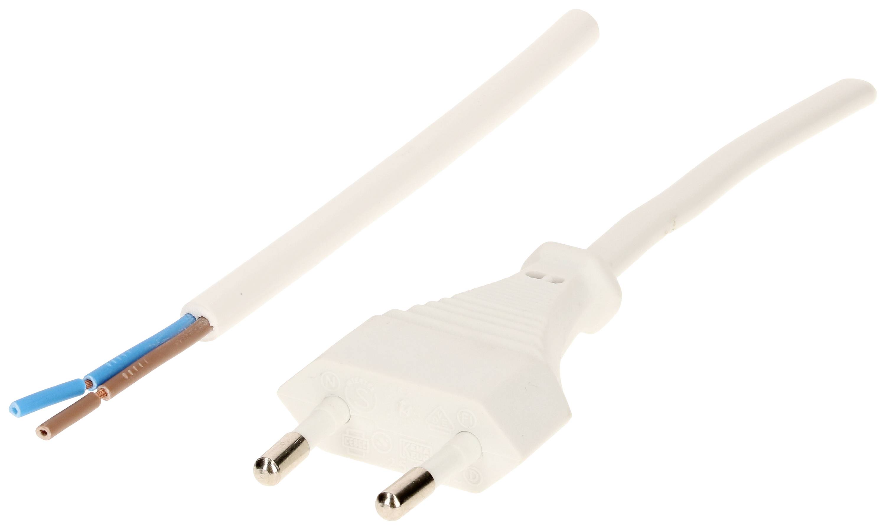 Bílá zástrčka EU s dvěma holými konci kabelů, modrým a hnědým, ukazuje na neúplné elektrické připojení.
