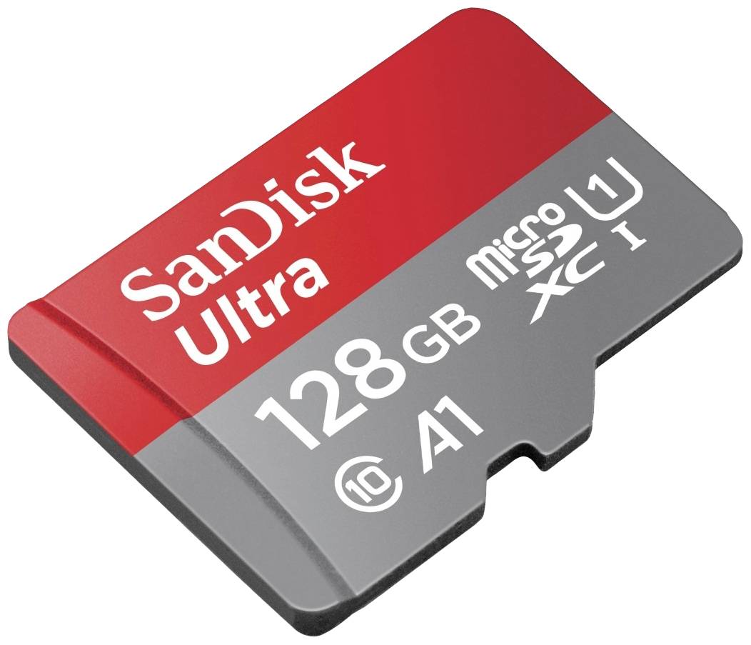 Červená a šedá paměťová karta SanDisk Ultra microSDXC s kapacitou 128 GB.
