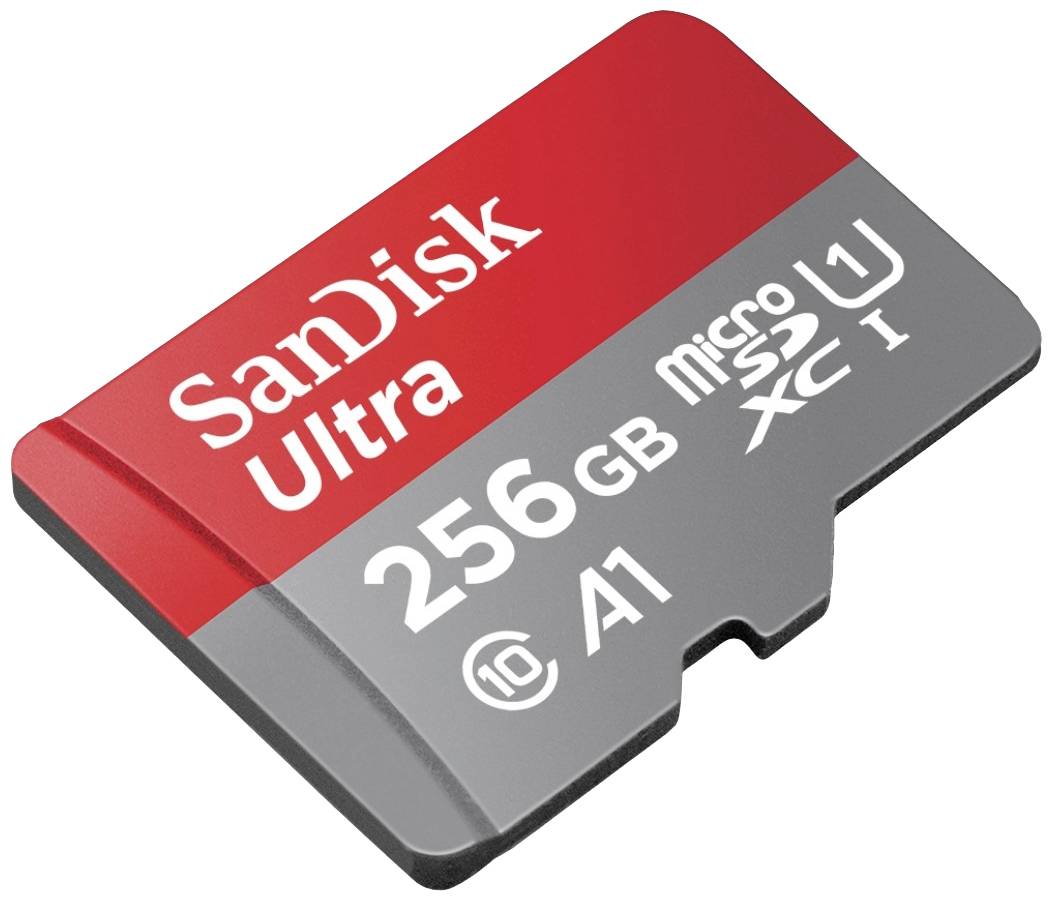Červená a šedá microSD karta značky SanDisk s 256 GB úložným prostorem. Nápis: 'SanDisk Ultra'.