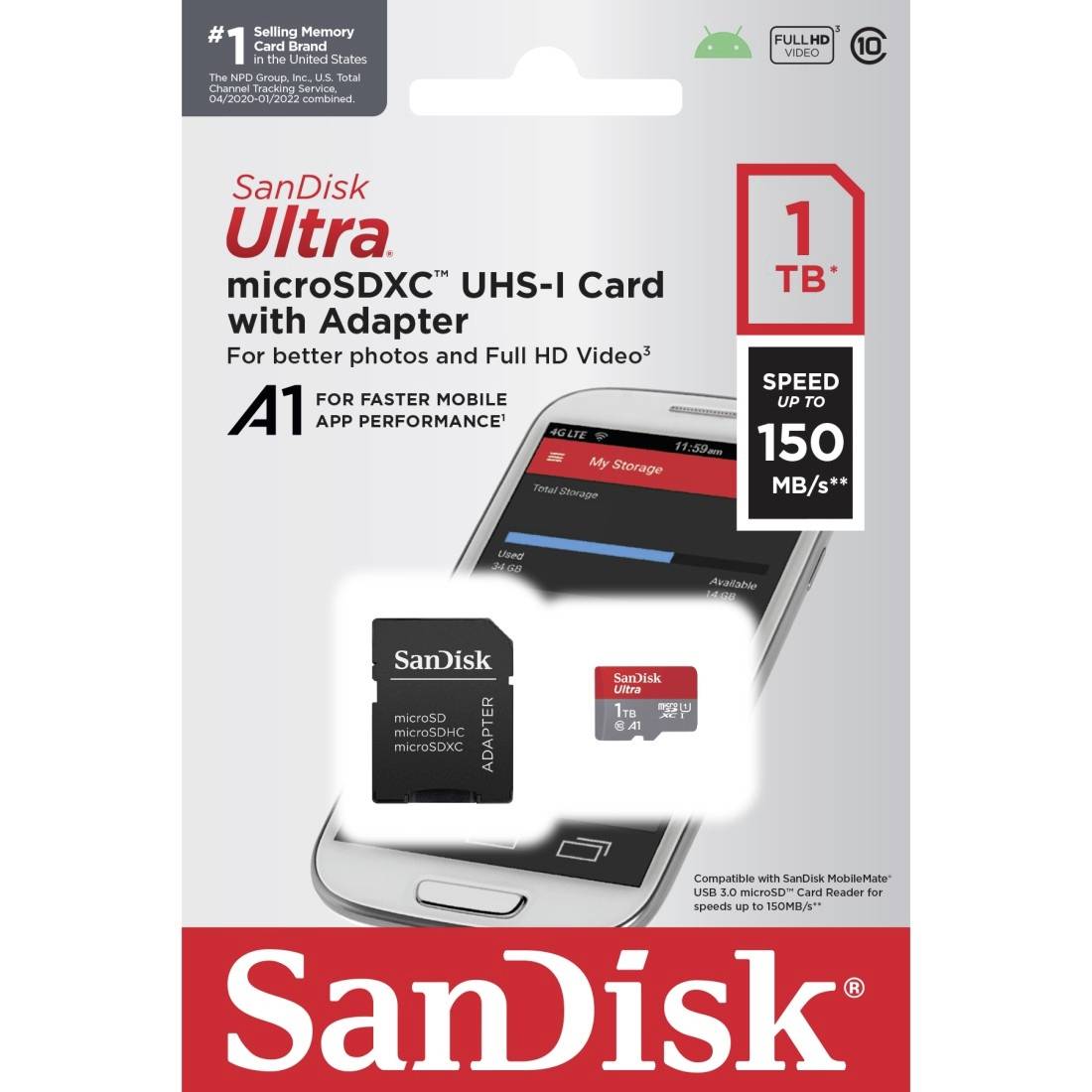 SanDisk Ultra microSDXC karta s 1 TB úložištěm a adaptérem. Podporuje Full HD video a nabízí rychlost až 150 MB/s.