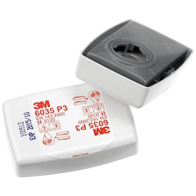 Filtr respirátoru 3M 6035 P3, částečně otevřený, odhaluje vnitřní strukturu filtru. Obsahuje technické specifikace a výstražné pokyny.