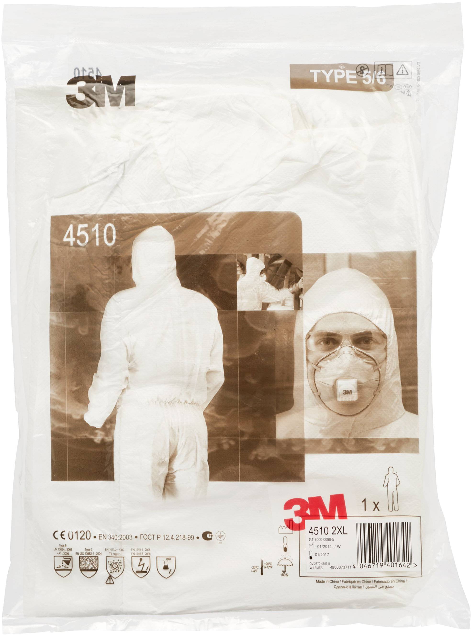 '3M ochranný oblek typ 5/6, model 4510, velikost 2XL. Balení zobrazuje oblek zezadu, s popruhy a maskou. Certifikace: EN 13034, EN 13982.'