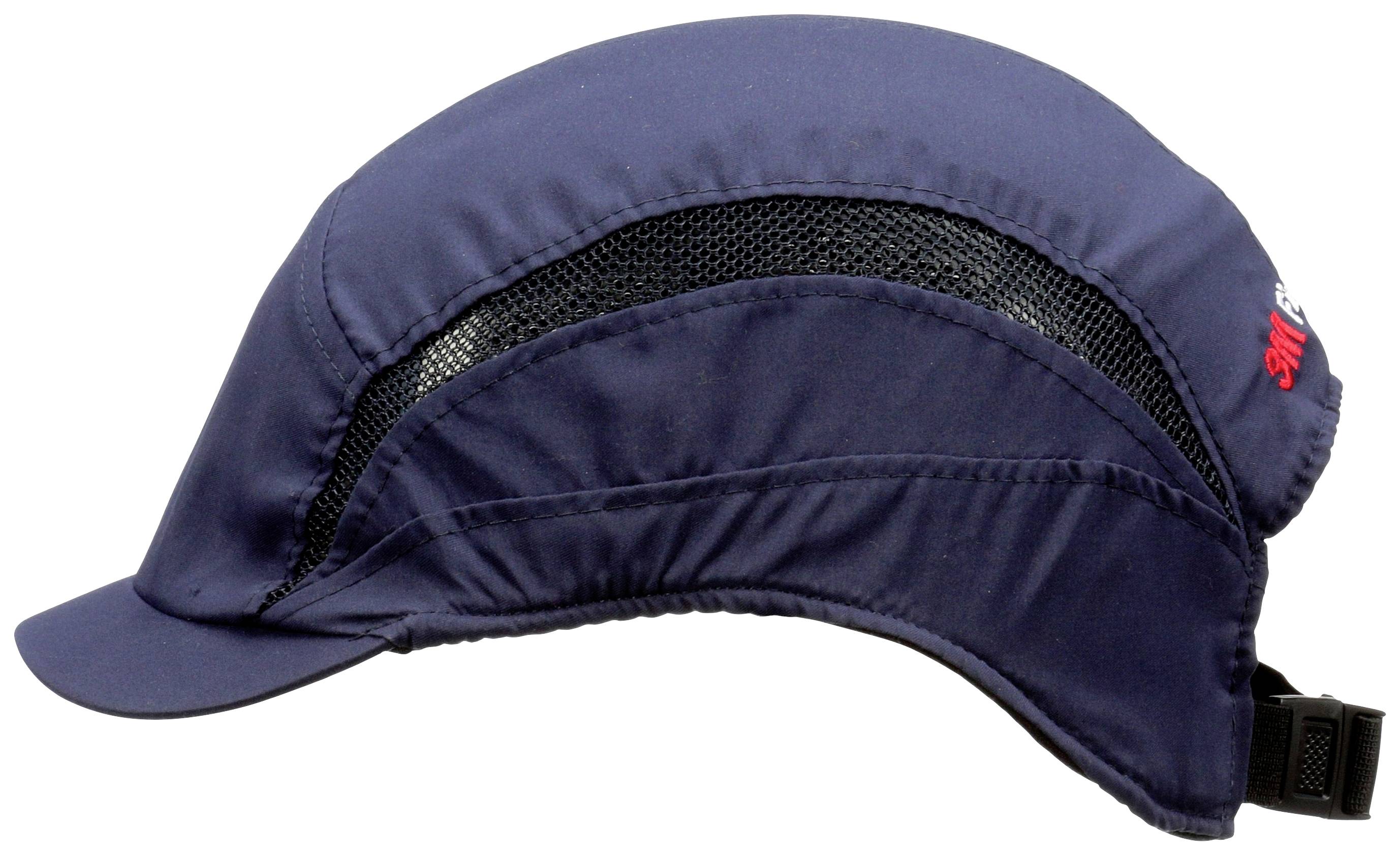 Tmavě modrá ochranná přilba s větrací síťkou, opatřená postranním upínacím popruhem. Vhodná pro pracovní bezpečnost.