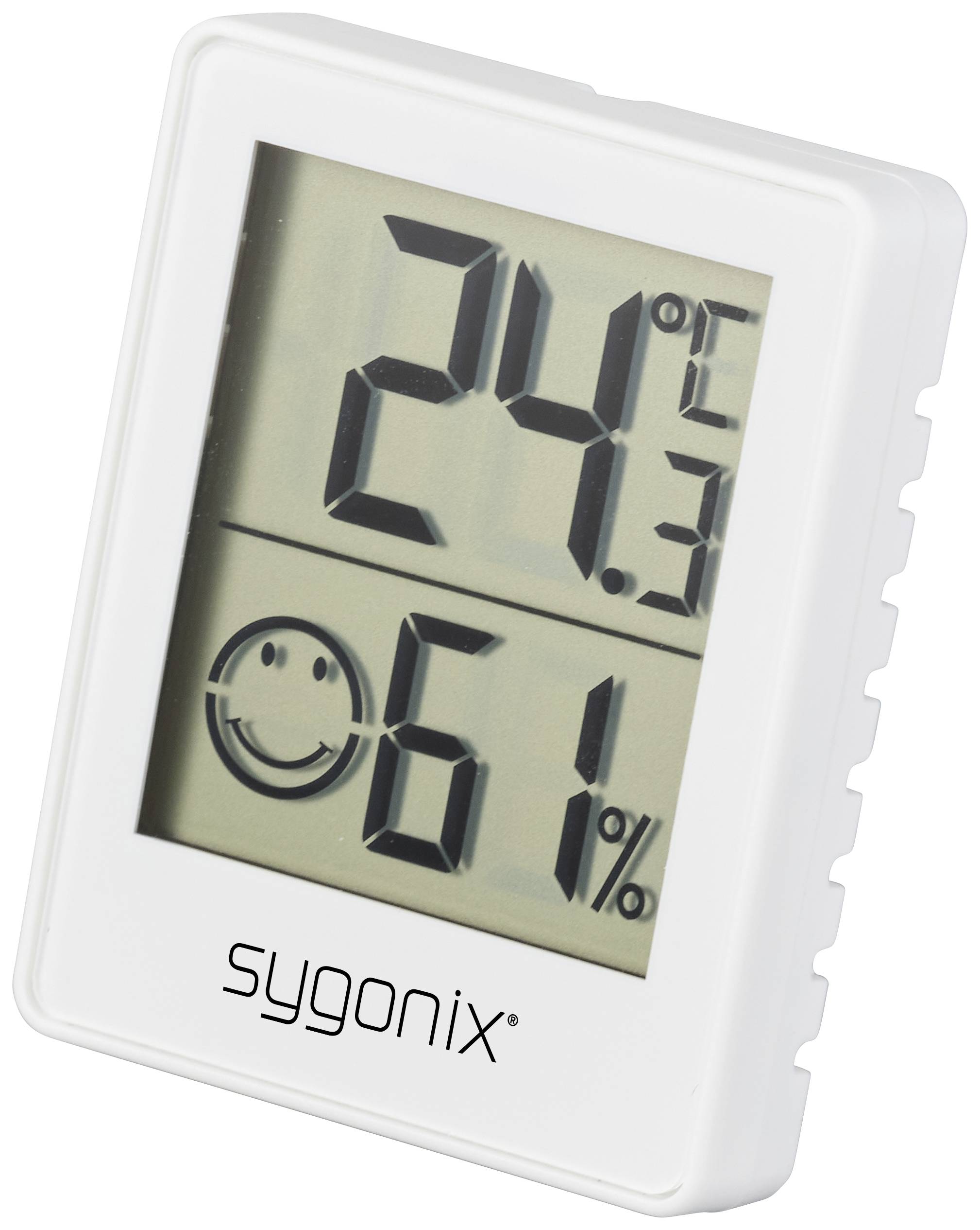 Digitální teploměr ukazuje 24,3°C a 61% vlhkosti vzduchu. Úsměv symbolizuje příjemné podmínky.