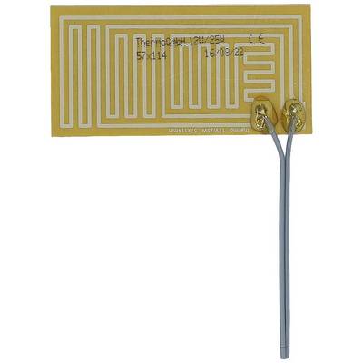 Obdélníkový flexibilní topný prvek, žlutý, s vodicími drahami a dvěma kabely. Rozměry: 57x114 mm, napětí: 12V, výkon: 25W.