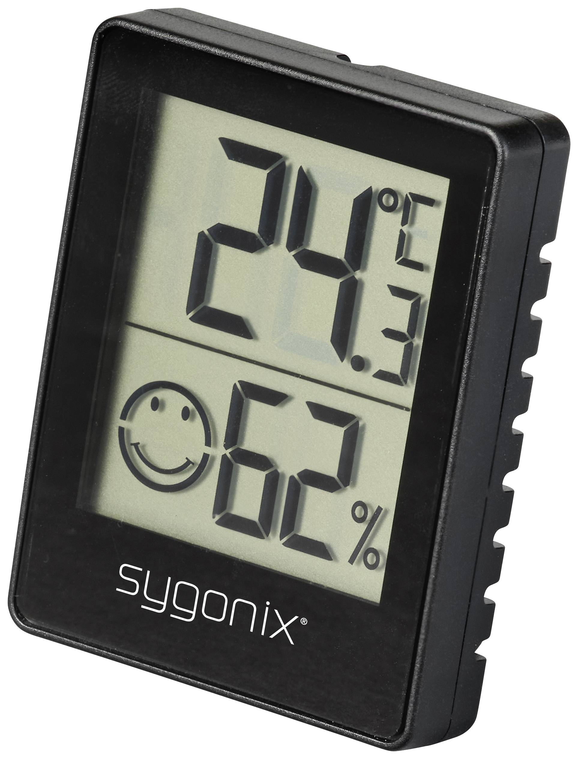 Digitální teploměr a vlhkoměr ukazuje '24,3°C' a '62%'. Název značky 'sygonix' je uveden dole na přístroji.