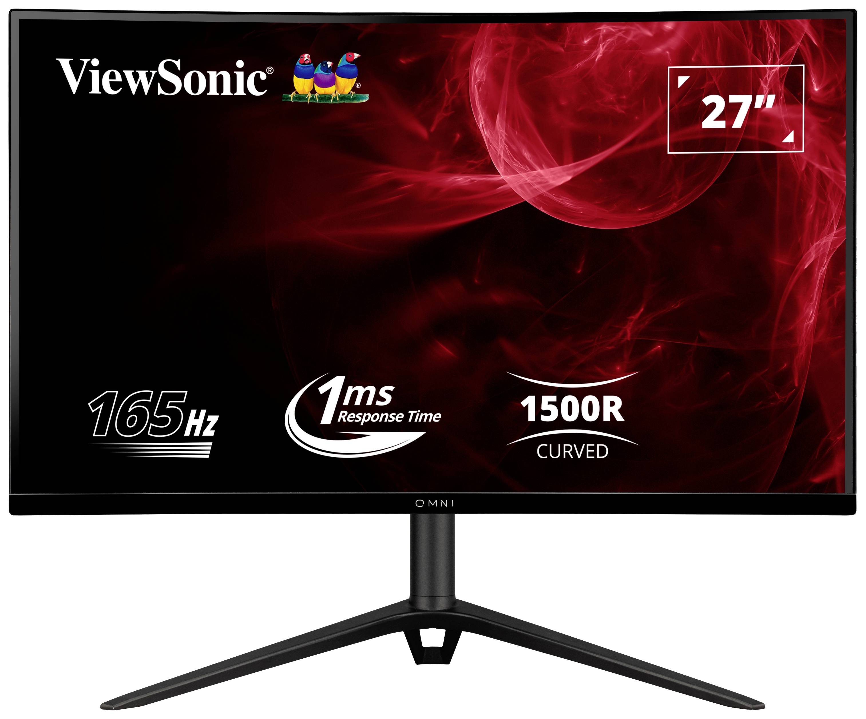 Monitor ViewSonic, 27 palců, 165 Hz, 1ms reakční doba, zakřivený (1500R). Černý displej s červeným pozadím.