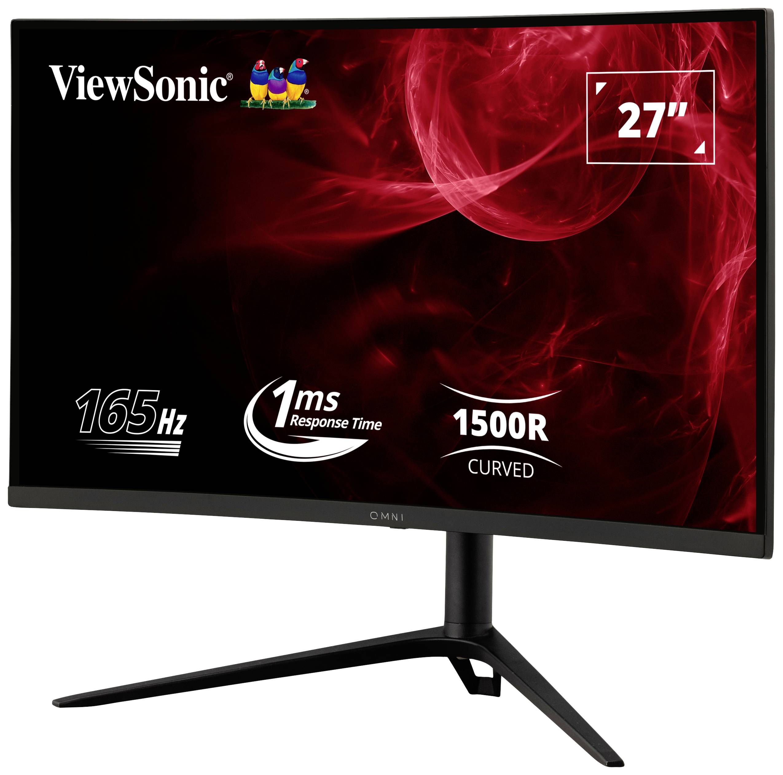 27palcový zakřivený monitor ViewSonic s obnovovací frekvencí 165 Hz a reakční dobou 1 ms zobrazuje dynamický červený pozadí.