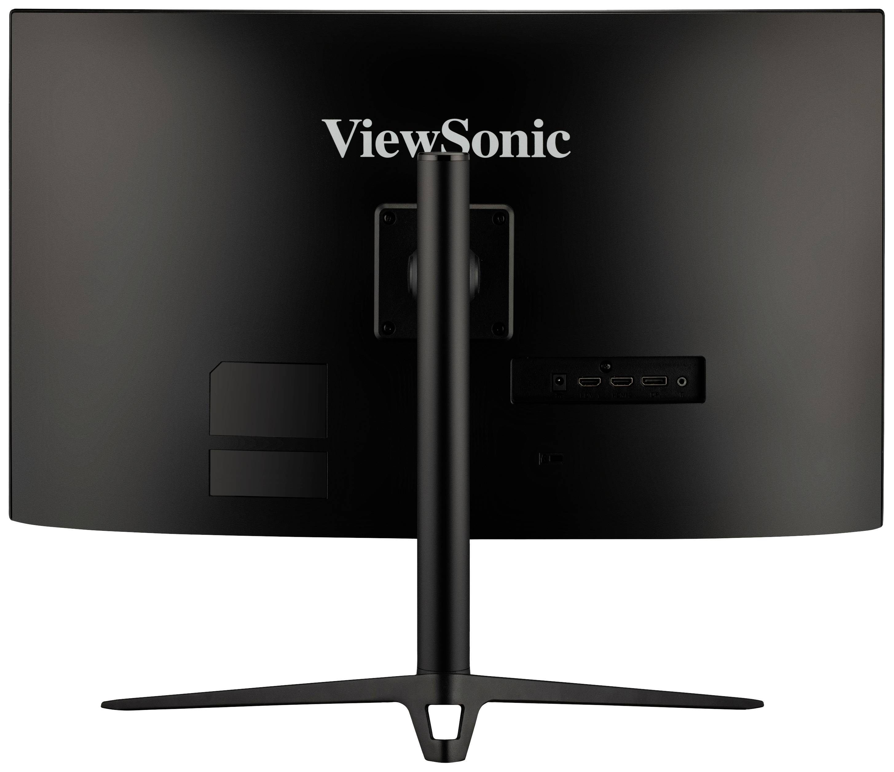 Pohled zezadu na monitor ViewSonic, zobrazující stojan a konektory na zadní straně.