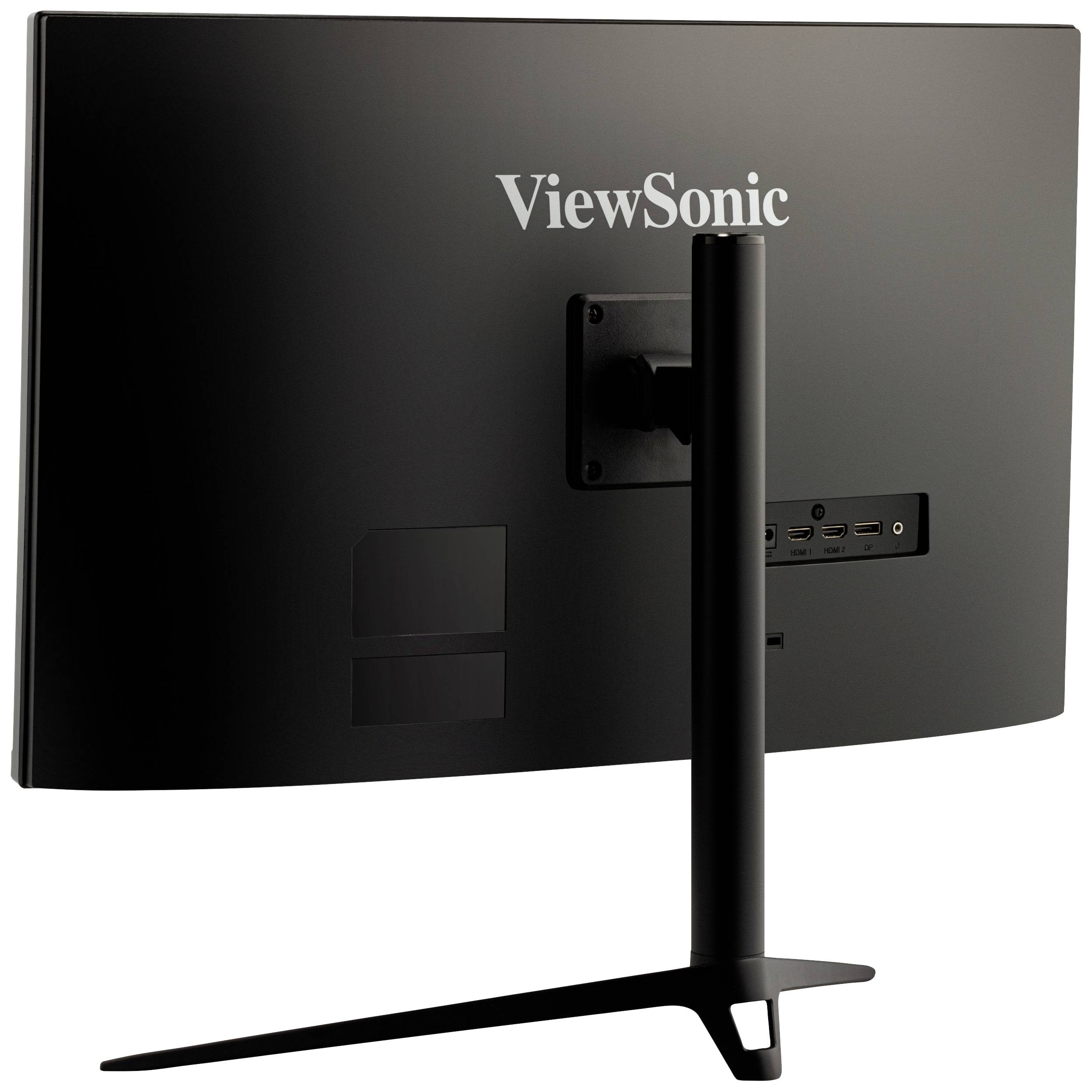 Černý monitor značky ViewSonic pohledem zezadu, upevněný na podstavci, ukazuje připojení na zadní straně.