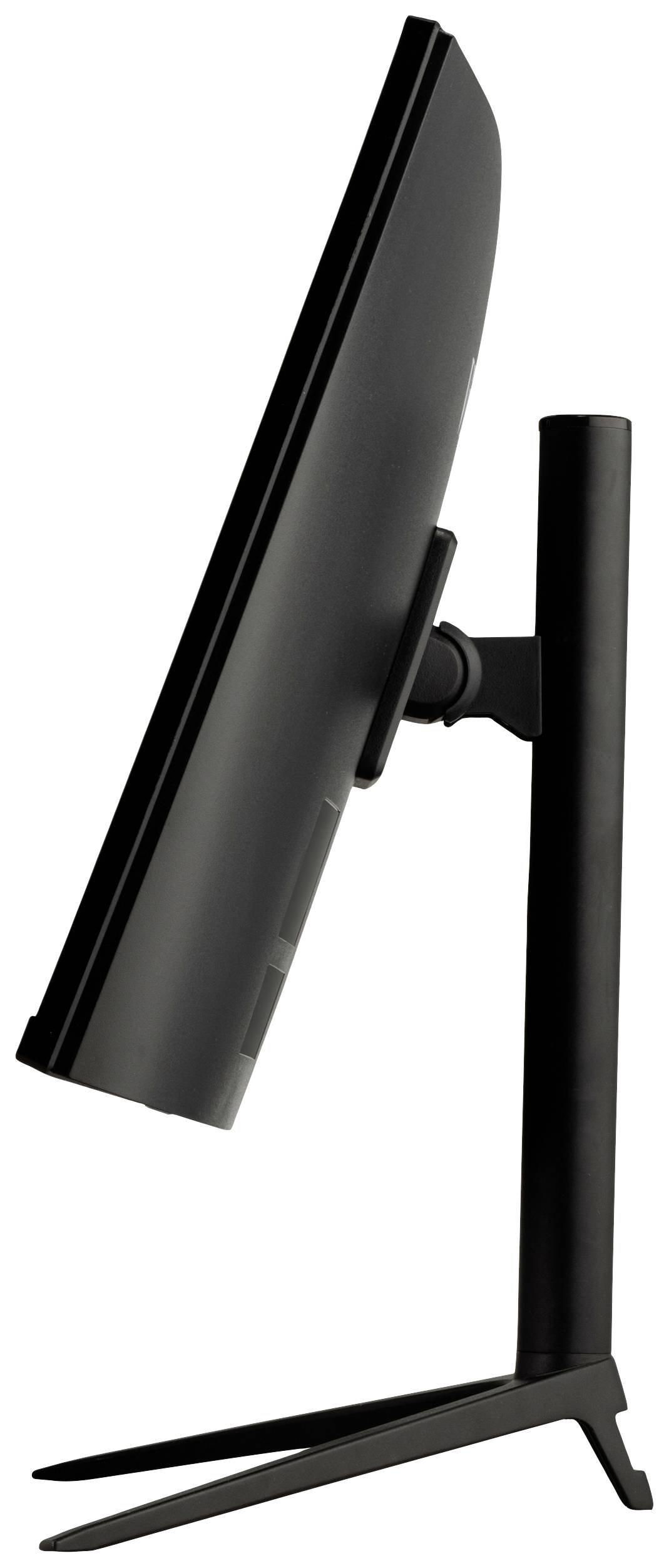Boční pohled na černý, štíhlý monitor upevněný na stabilním stojanu.