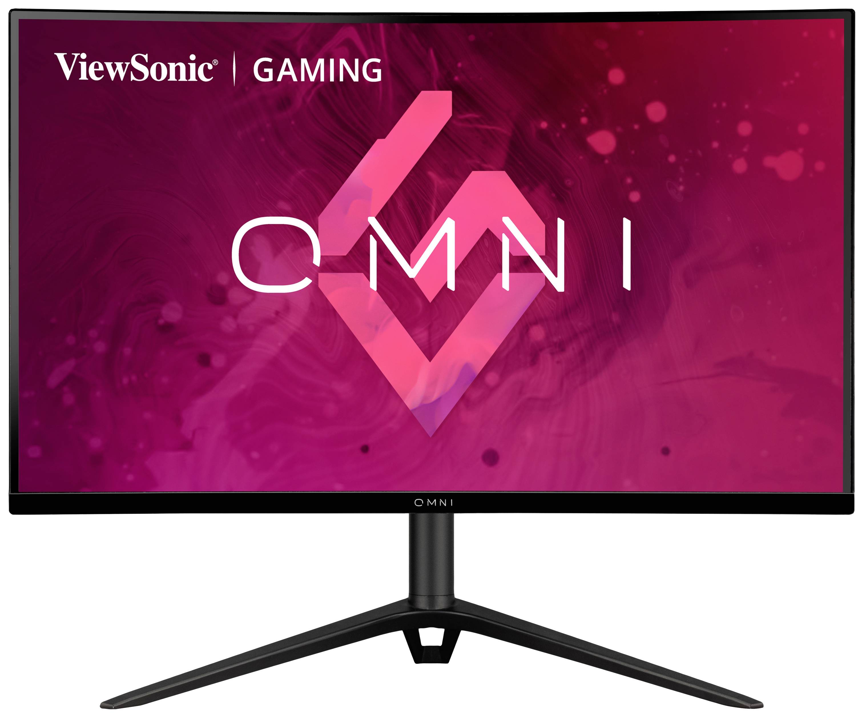 Herní monitor ViewSonic s zakřivenou obrazovkou umístěný na podstavci, zobrazující abstraktní růžové pozadí.
