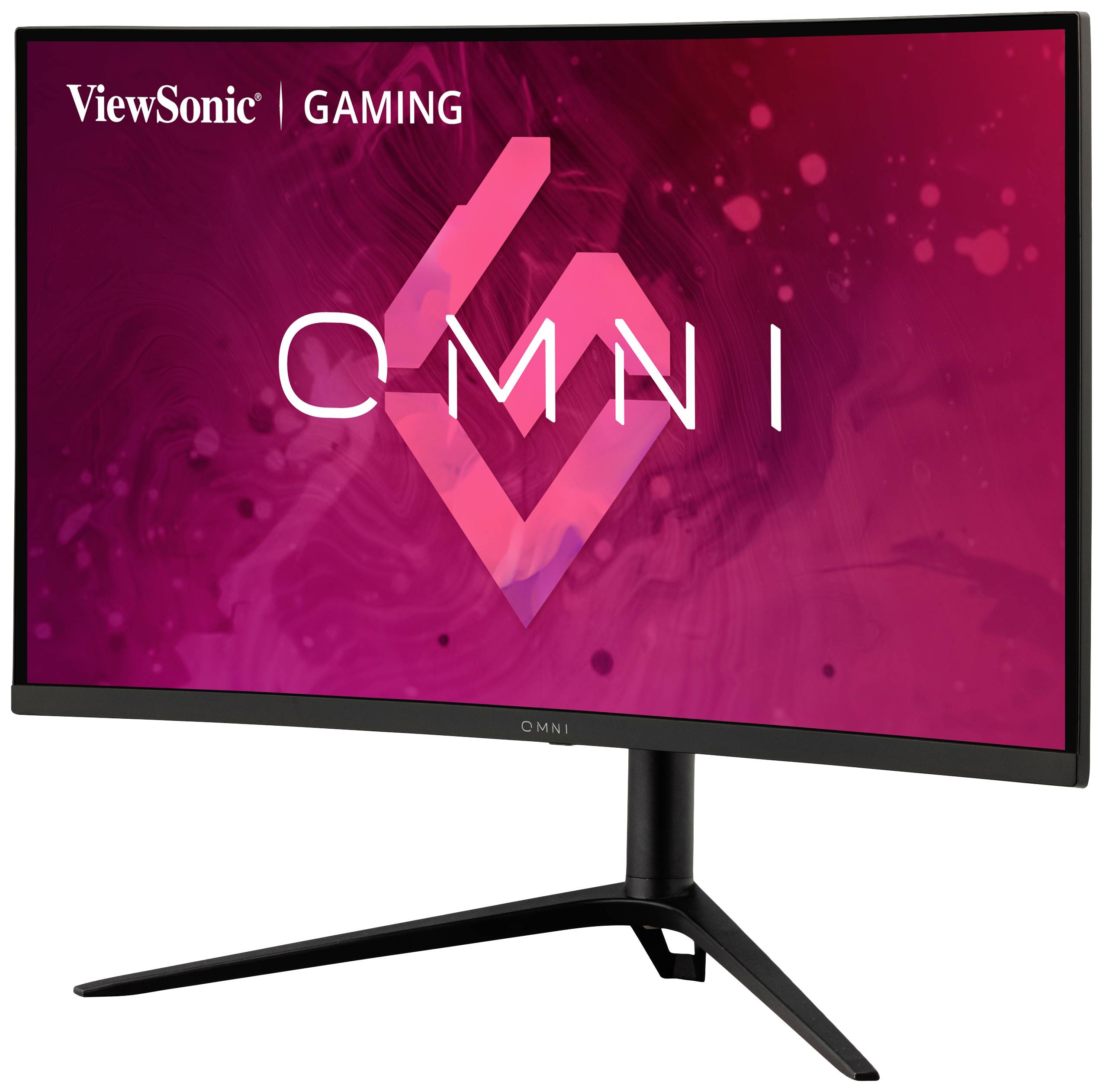 Zakřivený počítačový monitor ViewSonic OMNI v moderním designu, laděný především do červeno-černých barev.