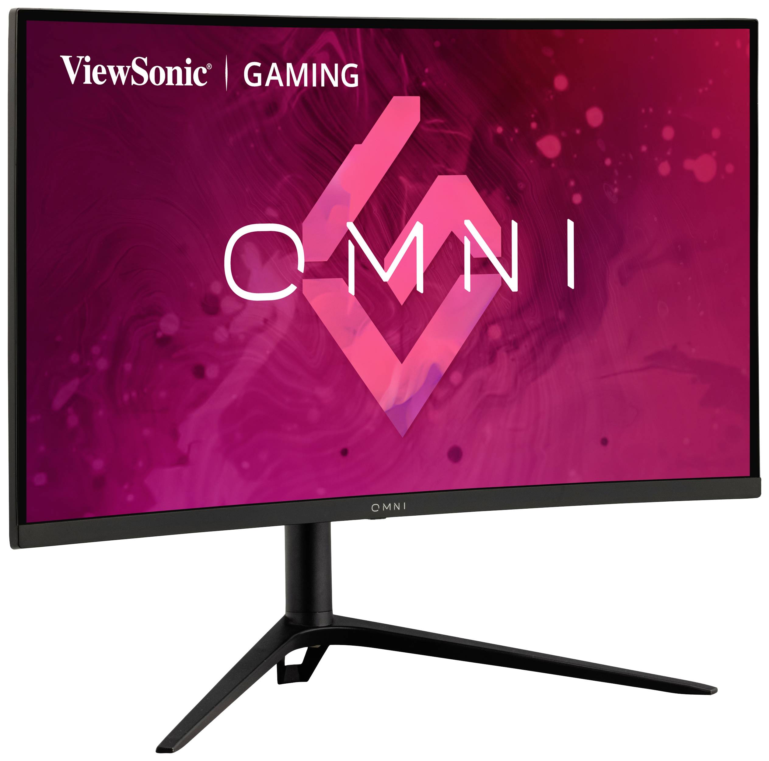 Herní monitor ViewSonic s zakřivenou obrazovkou s nápisem 'OMNI' na růžovém pozadí.
