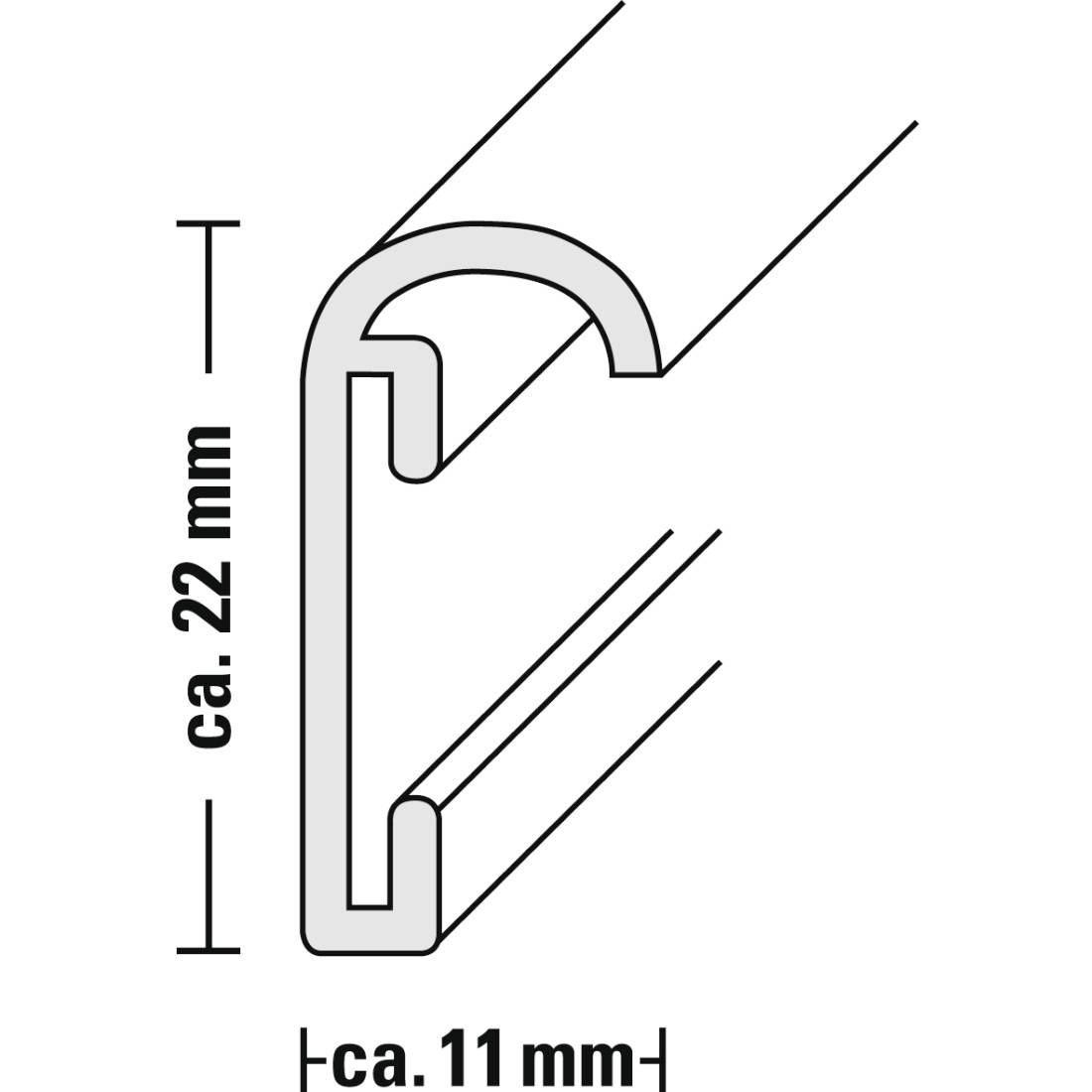 Příčný řez profilu: U-profilový kanál s bočními rozměry přibližně 22 mm výšky a přibližně 11 mm šířky.