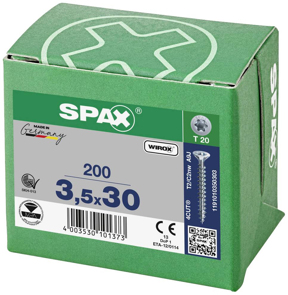 Zelený obal značky SPAX se 200 šrouby, velikost 3,5x30 mm, s T20 pohonen. Vyrobeno v Německu.