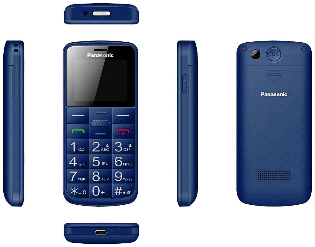 Mobilní telefon s velkými tlačítky a displejem, modrá barva, přední, boční a zadní pohled.