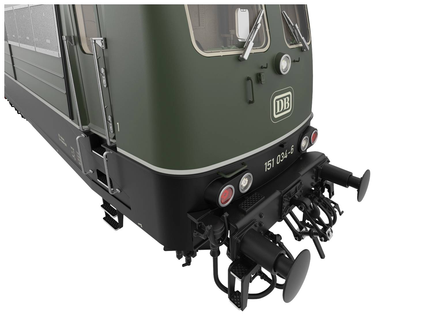 Zelená lokomotiva Deutsche Bahn s číslem '151 034-5' zobrazuje přední část, včetně světlometů a spřáhel.