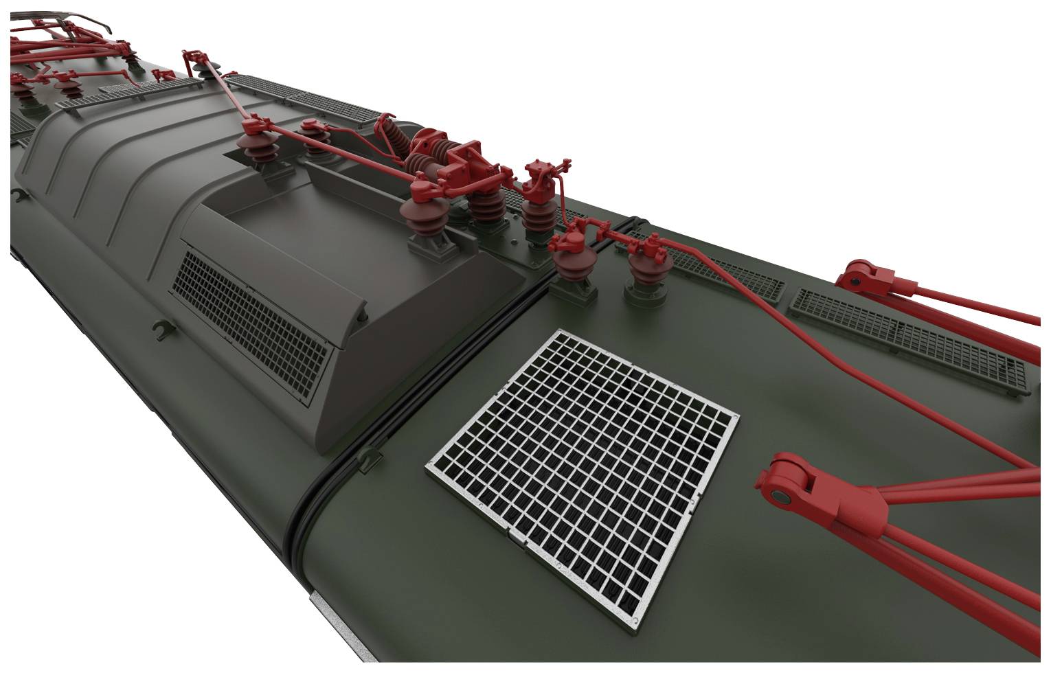 Horní strana vlaku s mřížovým ventilátorem a červenými elektrickými vodiči. Zaměření na technické detaily a elektrotechniku.