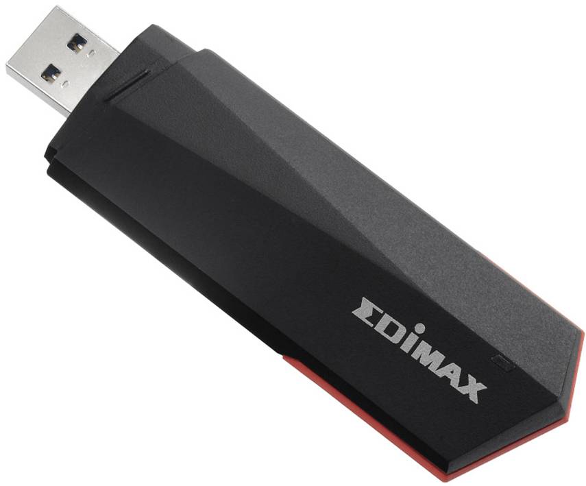 Černý USB WLAN adaptér značky Edimax, kompaktní a vhodný pro bezdrátové síťové připojení.