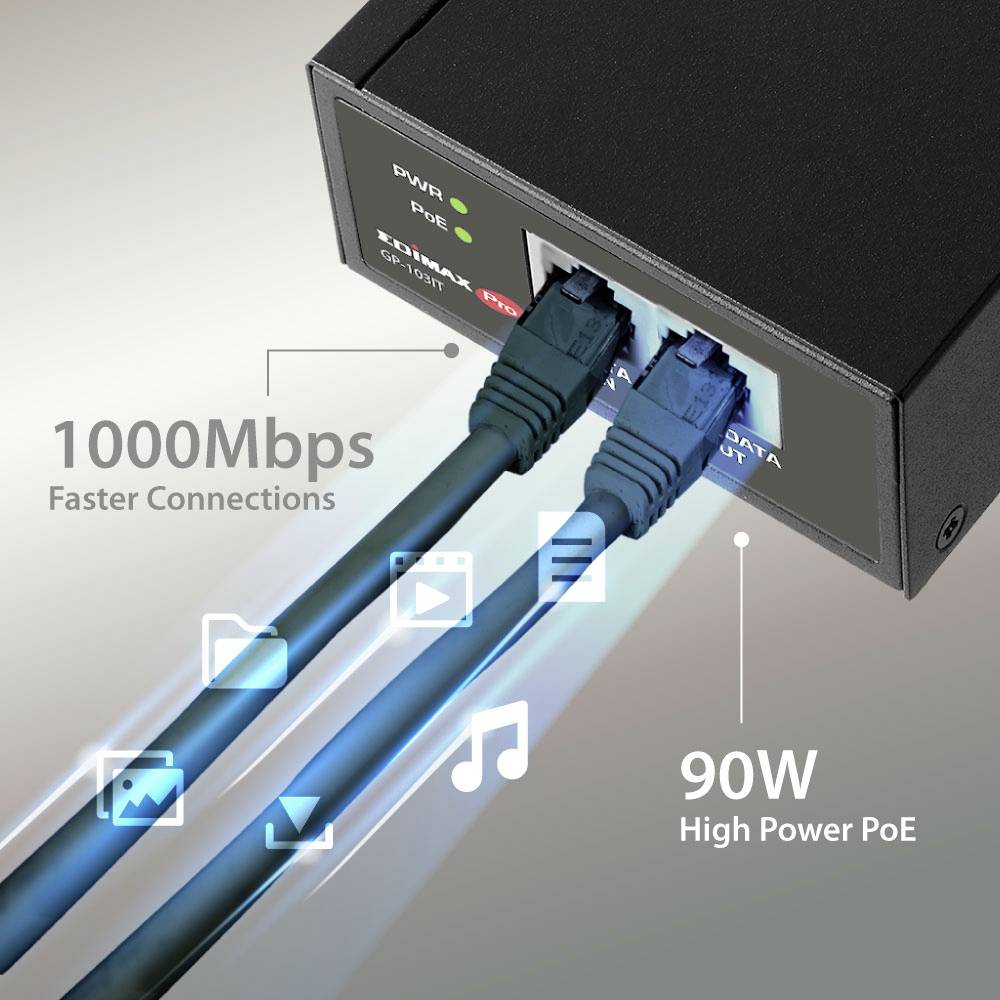 Ethernetový adaptér s napájením po síti s rychlým připojením 1000 Mb/s a výkonem 90 W. Dva připojené kabely znázorňují jeho použití.
