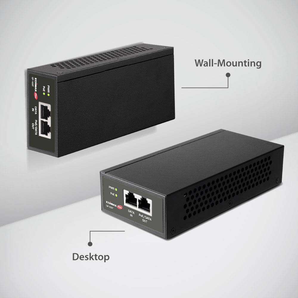 Černé síťové zařízení se dvěma ethernetovými porty, vhodné pro montáž na zeď nebo jako stolní zařízení. Disponuje LED diodami pro indikaci stavu.