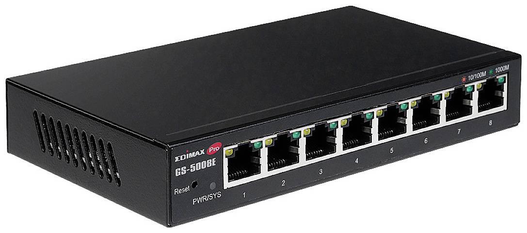 Černý síťový switch s osmi ethernetovými porty, model GS-5008E, vhodný pro IT infrastruktury a rozšíření sítě.