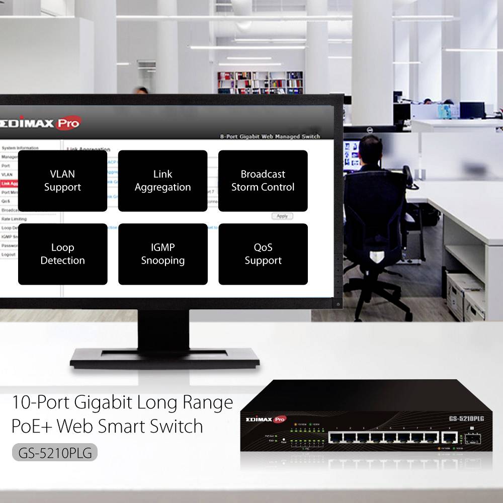 Počítačový monitor zobrazuje správcovský software pro 8portový gigabitový řízený síťový přepínač. Funkce: VLAN, QoS, detekce smyček.