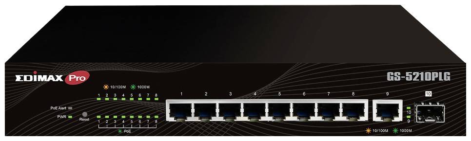 Černý síťový switch označený 'Edimax Pro GS-5210PLG'. Je viditelných deset ethernetových portů a LED kontrolky pro indikaci stavu.