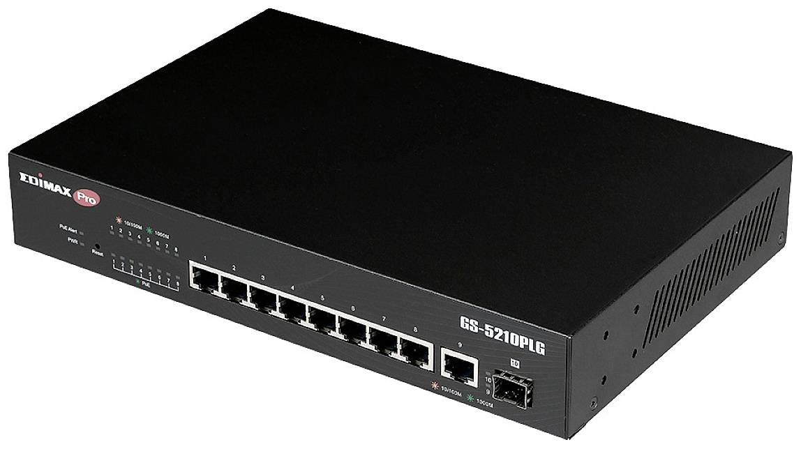 Černý síťový switch s osmi ethernetovými porty a dvěma SFP porty, model 'GS-5210PLG' od společnosti Edimax.
