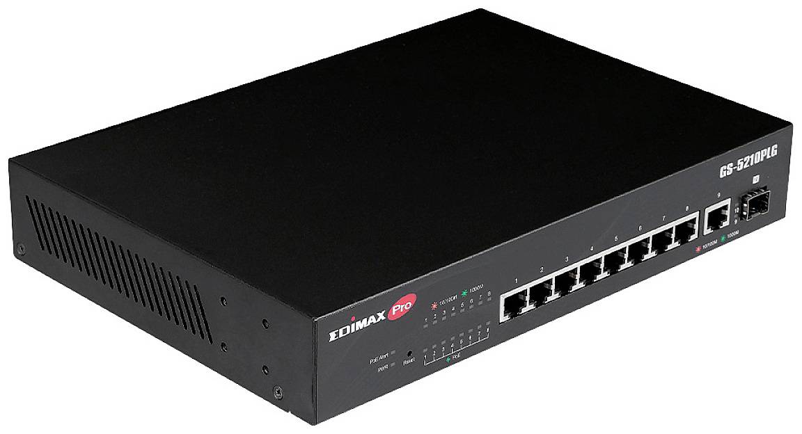 Černý síťový switch s osmi ethernetovými porty a LED indikátory, model 'EDIMAX Pro GS-5210PLG', symbolizuje technologické propojení.