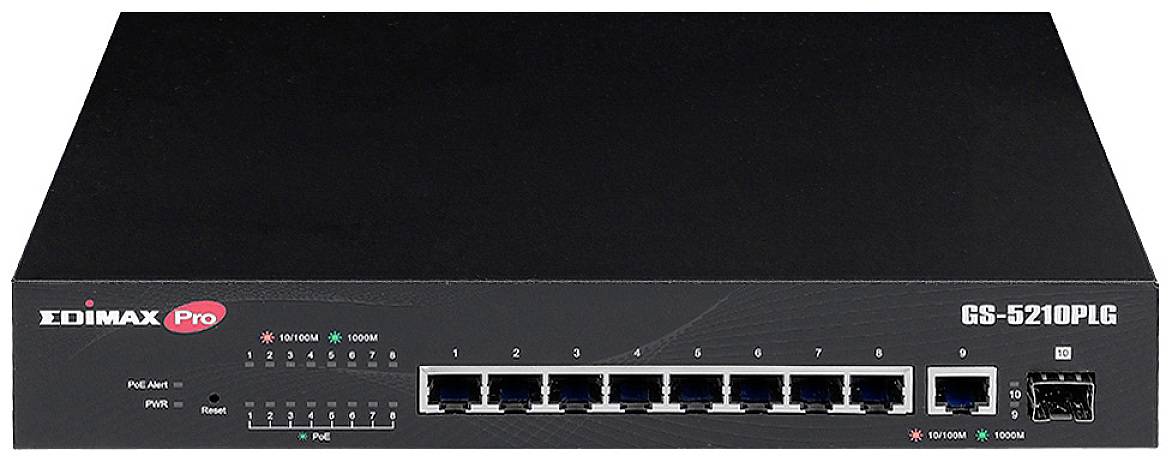 Černý síťový switch s osmi ethernetovými porty a LED indikátory na přední straně. Modelové označení: Edimax Pro GS-5210PLG.