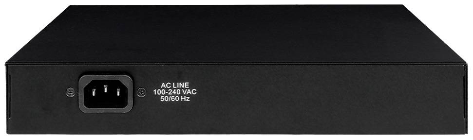 Černé elektronické zařízení s napájecím připojením a nápisem "AC LINE 100-240 VAC 50/60 Hz" na zadní straně.