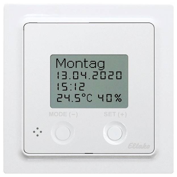 Digitální termostat ukazuje 'Pondělí, 13.04.2020', čas '15:12', teplotu '24,5°C' a vlhkost vzduchu '40%'.